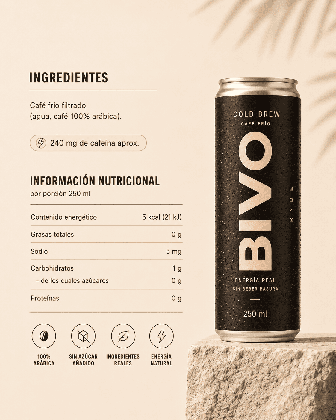 Ingredientes del cold brew en lata BIVO: café de Costa Rica y agua, sin azúcar ni aditivos