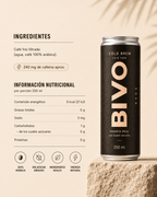 Etiqueta de ingredientes e información nutricional del Cold Brew BIVO: café frío filtrado, 240 mg de cafeína, 0 azúcares