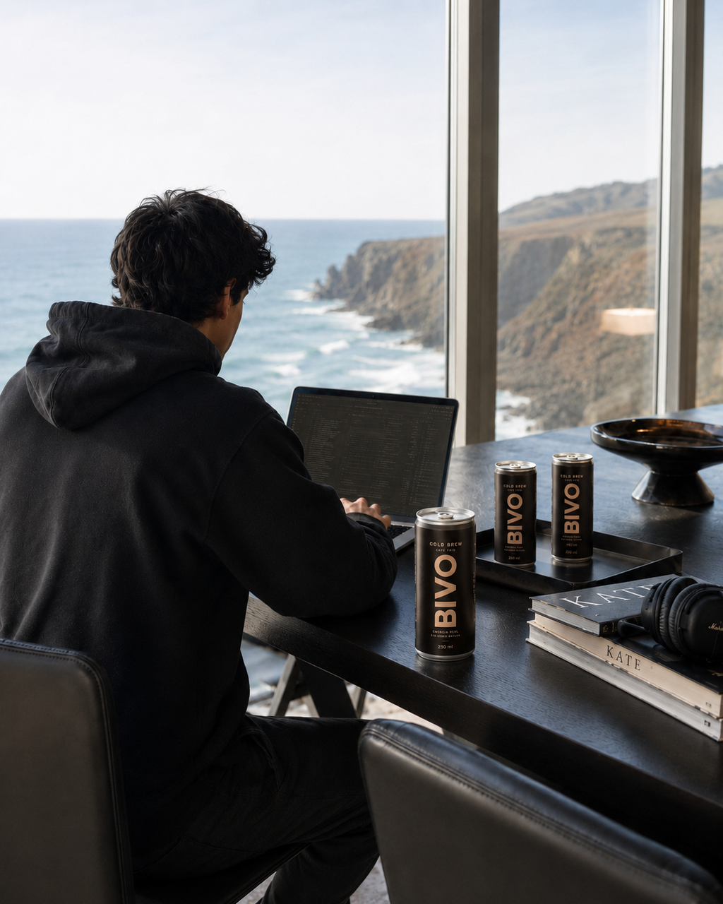 Trabajando frente al mar con energía real de Cold Brew BIVO en lata
