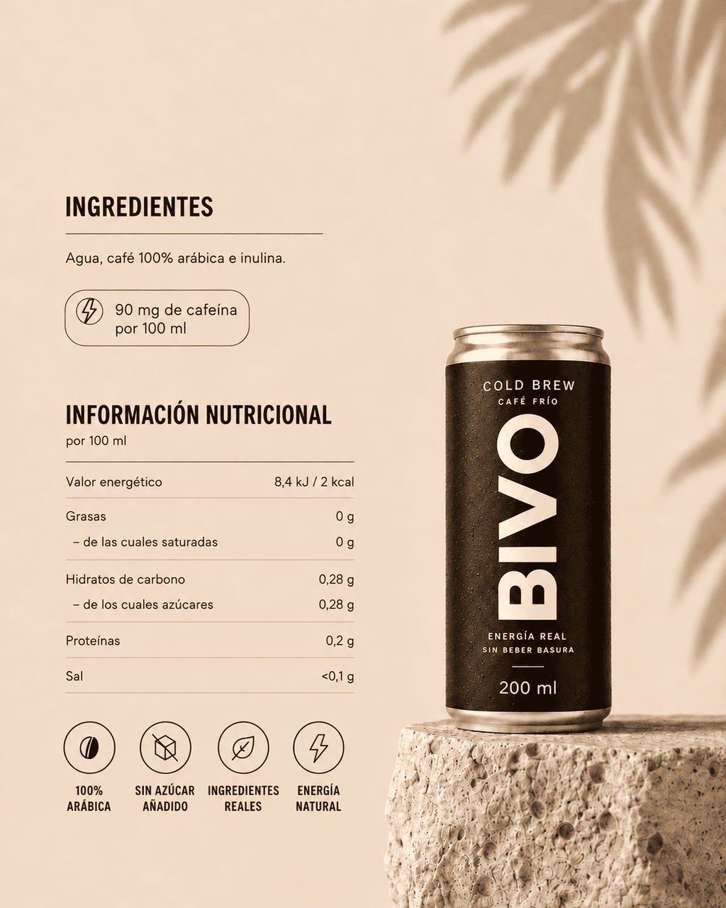 Ingredientes del cold brew en lata BIVO: café de Colombia, agua e inulina, sin azúcar ni aditivos. Con más cafeína que una energética.
