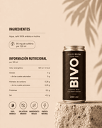 Ingredientes del cold brew en lata BIVO: café de Colombia, agua e inulina, sin azúcar ni aditivos. Con más cafeína que una energética.