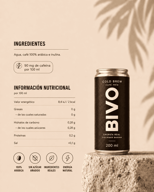 Ingredientes del cold brew en lata BIVO: café de Colombia, agua e inulina, sin azúcar ni aditivos. Con más cafeína que una energética.