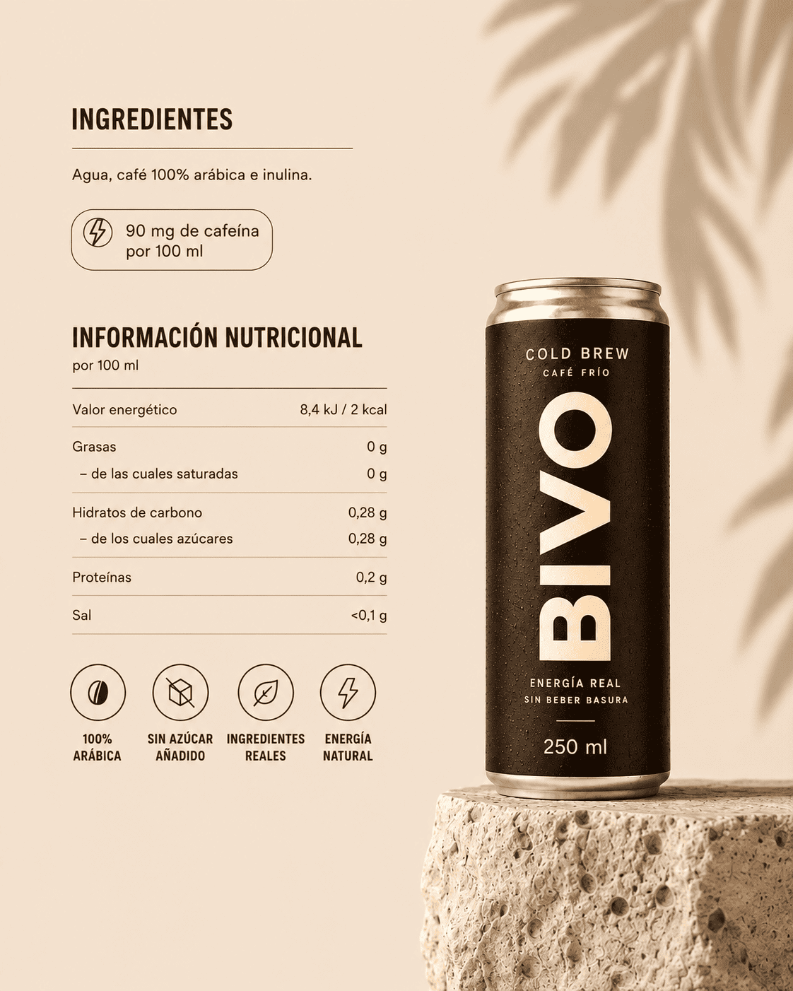 Ingredientes del cold brew en lata BIVO: café de Brasil, agua e inulina, sin azúcar ni aditivos. Con más cafeína que una energética.