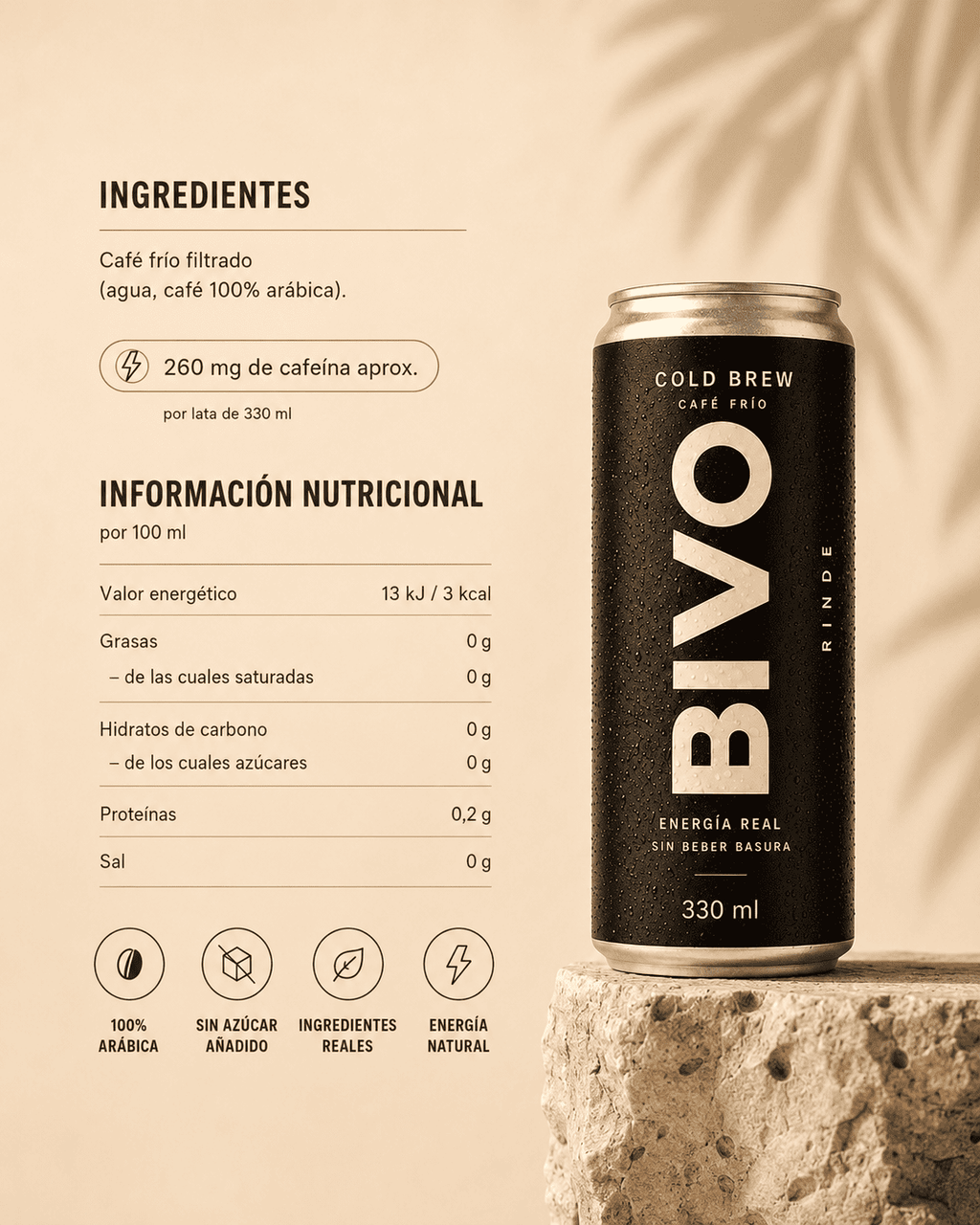 Ingredientes del cold brew en lata BIVO: café de Costa Rica y agua, sin azúcar ni aditivos